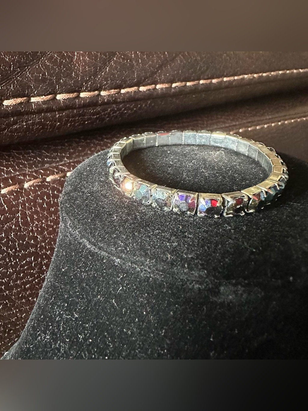 Vintage Silver Tone Stretchy Rainbow Rhinestone Bracelet